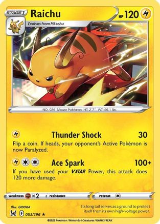 Image of Raichu 053/196  SWSH11 Lost Origin - Rare