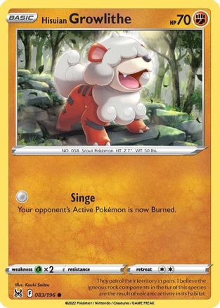 Image of Hisuian Growlithe 083/196  - Reverse Holofoil SWSH11 Lost Origin - Common