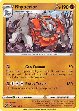 Image of Rhyperior 091/196  - Reverse Holofoil SWSH11 Lost Origin - Rare