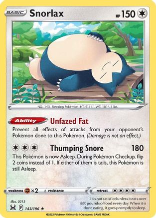 Image of Snorlax 143/196  - Holofoil SWSH11 Lost Origin - Holo Rare
