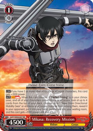 Image of Mikasa: Recovery Mission (AOT/SX04-047 RR) - Attack On Titan: Final Season