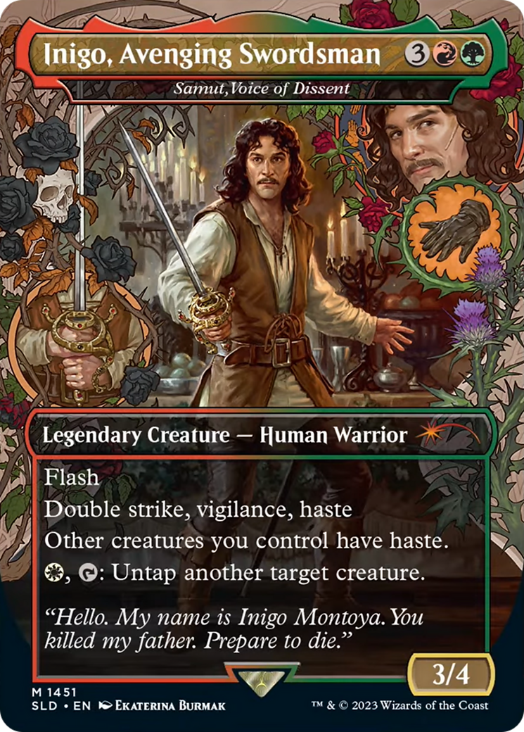 Image of Inigo, Avenging Swordsman - Samut, Voice of Dissent (SLD-1451) - Secret Lair Drop / Inigo, Avenging Swordsman (Borderless) Foil