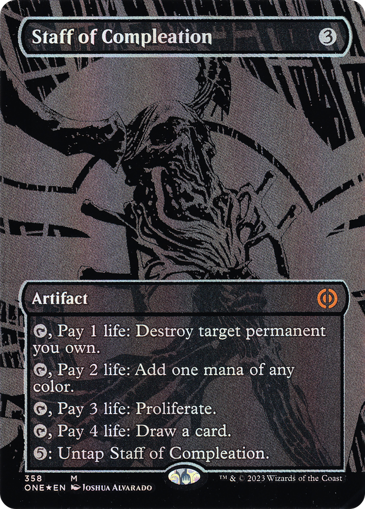 Image of Staff of Compleation (Oil Slick Raised Foil) (ONE-358) - Phyrexia: All Will Be One (Borderless) Foil