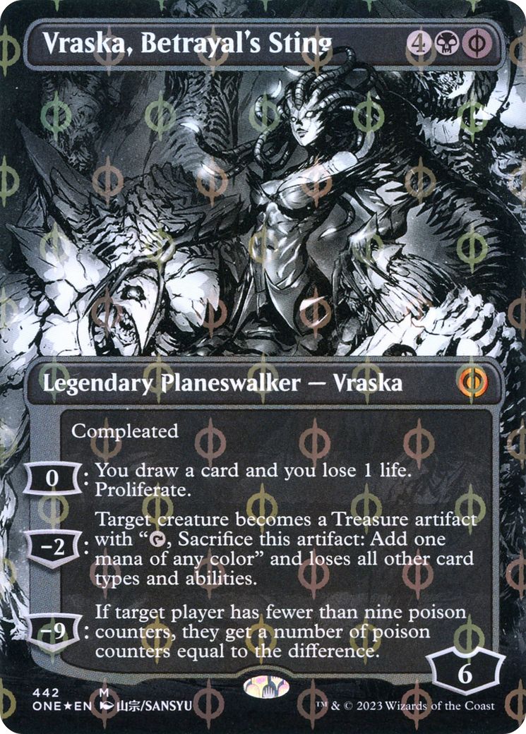 Image of Vraska, Betrayal's Sting (Borderless) (Step-and-Compleat Foil) (ONE-442) - Phyrexia: All Will Be One: (Showcase) (Borderless) Foil