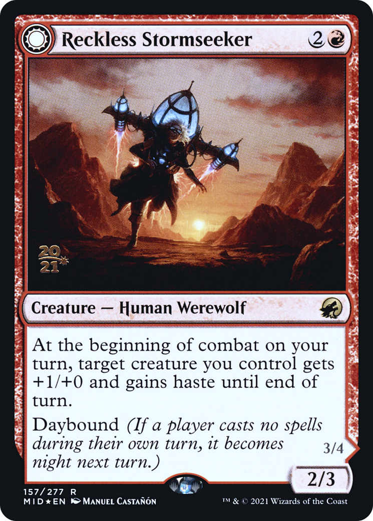 Image of Reckless Stormseeker (PRE-157) - Innistrad: Midnight Hunt Promos: (Double Faced Transform) Foil