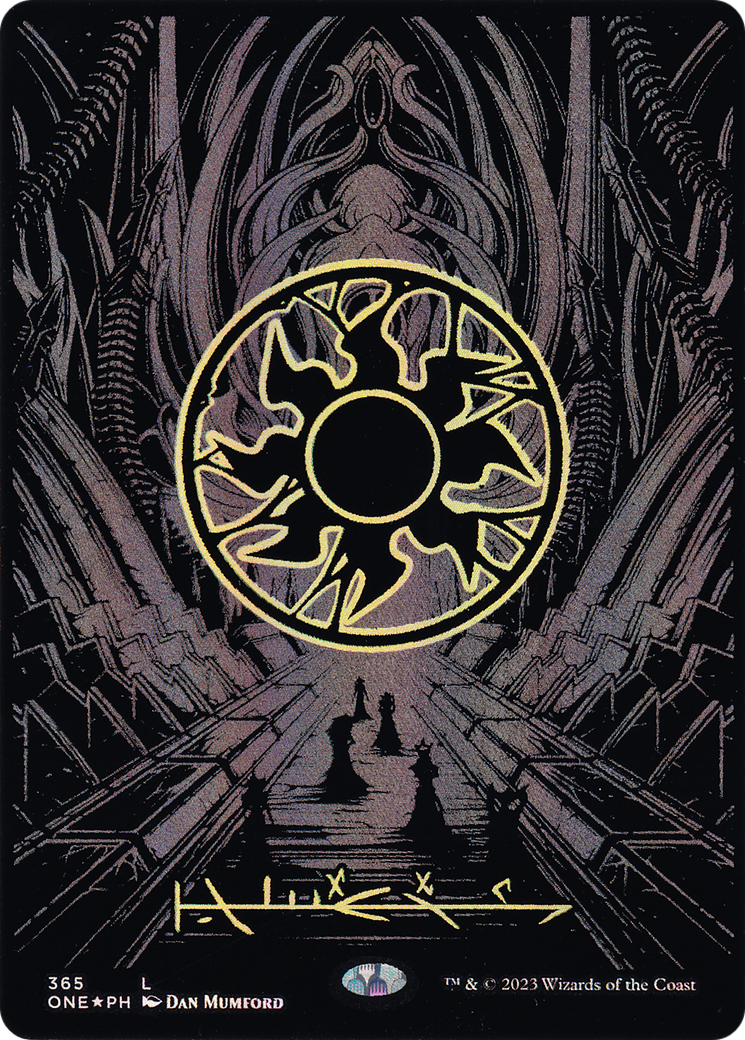 Image of Plains (Phyrexian) - Full Art (Oil Slick Raised Foil) (ONE-365) - Phyrexia: All Will Be One (Borderless) Foil
