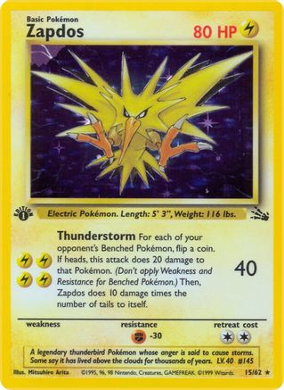 Image of Zapdos (15) 015/62  - Unlimited Holofoil Fossil - Holo Rare