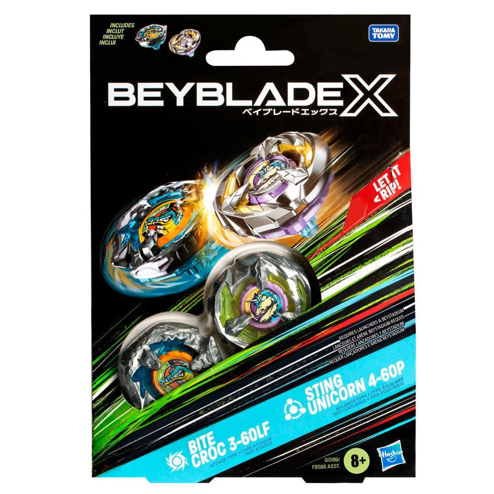 Hasbro Beyblade X Bite Croc 3-60LF and Sting Unicorn 4-60P Top Dual Pack Set