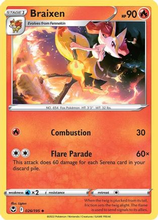 Image of Braixen 026/195  - Reverse Holofoil SWSH12 Silver Tempest - Uncommon