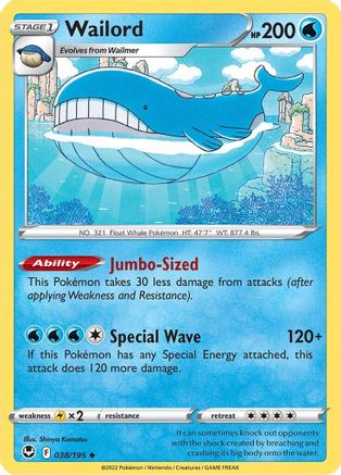 Image of Wailord 038/195  - Reverse Holofoil SWSH12 Silver Tempest - Uncommon