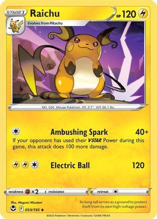 Image of Raichu 050/195  - Reverse Holofoil SWSH12 Silver Tempest - Uncommon