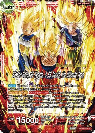 Image of Son Goku & Vegeta & Trunks // SS Son Goku, SS Vegeta, & SS Trunks, the Ultimate Team (Fighter's Ambition Holiday Pack) (BT19-001) - Tournament Promotion Cards