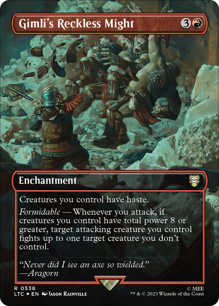 Image of Gimli's Reckless Might (Borderless) (Surge Foil) (LTC-538) - Tales of Middle-earth Commander (Borderless) Foil