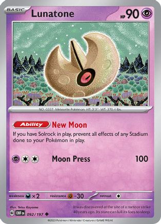 Image of Lunatone 092/197  - Reverse Holofoil SV03 Obsidian Flames - Uncommon
