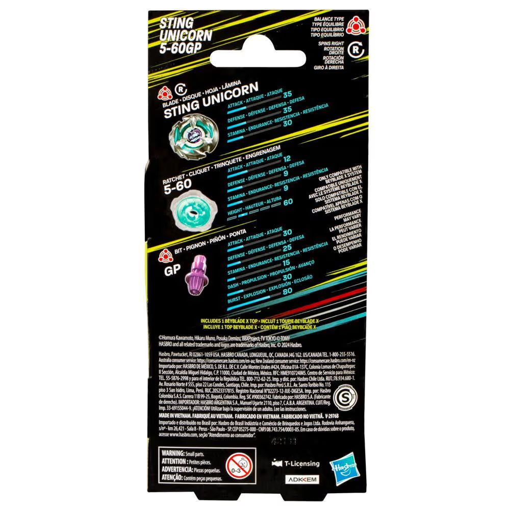 Image of Hasbro Beyblade X Sting Unicorn 5-60GP Top Booster Pack Set