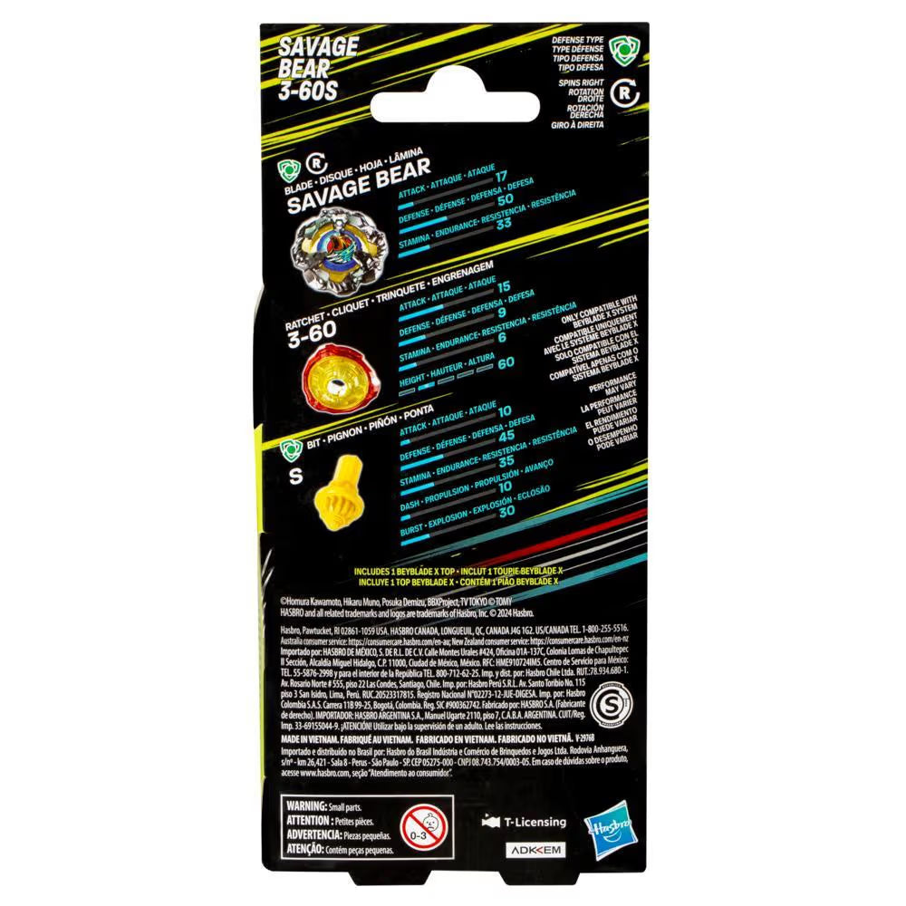 Hasbro Beyblade X Savage Bear3-60S Top Booster Pack Set