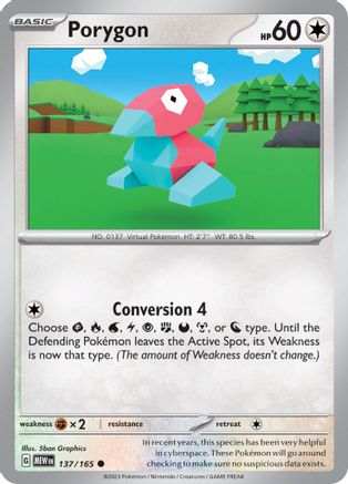 Image of Porygon 137/165  - Reverse Holofoil SV Scarlet & Violet 151 - Common