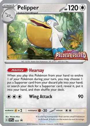 Image of Pelipper (Prerelease) [Staff] 022  - Holofoil SV Scarlet & Violet Promo Cards - Promo