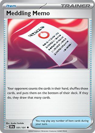 Image of Meddling Memo 181/191  - Reverse Holofoil SV08 Surging Sparks - Uncommon
