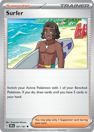 Image of Surfer 187/191  - Reverse Holofoil SV08 Surging Sparks - Uncommon