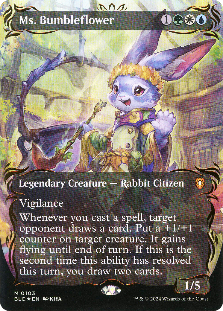 Image of Ms. Bumbleflower (Borderless) (Raised Foil) (BLC-103) - Bloomburrow Commander (Borderless) Foil