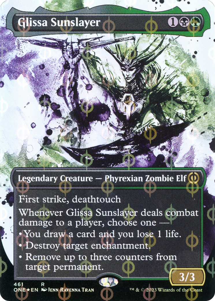 Image of Glissa Sunslayer (Showcase) (Step-and-Compleat Foil) (ONE-461) - Phyrexia: All Will Be One: (Showcase) (Borderless) Foil