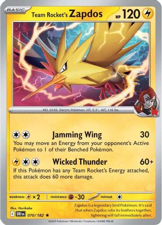 Image of Team Rocket's Zapdos 070  - Reverse Holofoil SV10 Destined Rivals - Rare