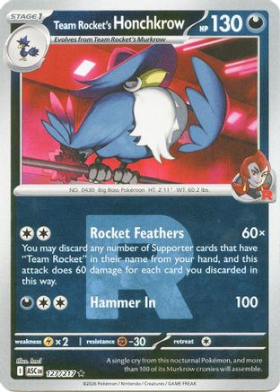Image of Team Rocket's Honchkrow (Team Rocket) 127  - Reverse Holofoil ME Ascended Heroes - Rare