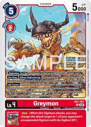Image of Greymon - AD1-001 (World Championship 26–27 Regionals Season 1) (AD1-001) - Advanced Booster Digimon Generation Foil