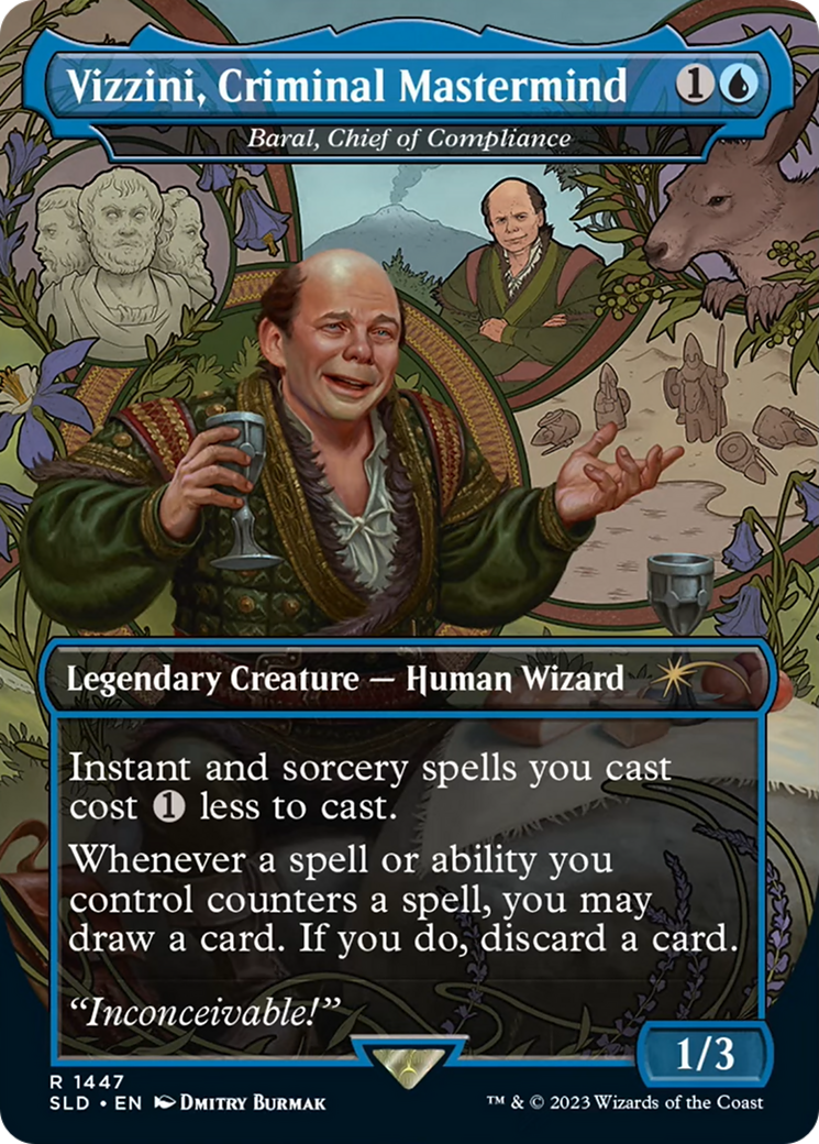 Image of Vizzini, Criminal Mastermind - Baral, Chief of Compliance (SLD-1447) - Secret Lair Drop / Vizzini, Criminal Mastermind (Borderless) Foil