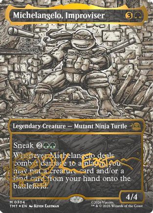 Image of Michelangelo, Improviser (Borderless) (Gold-Stamped Signature) (TMT-304) - Teenage Mutant Ninja Turtles Foil