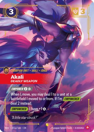 Image of Akali, Deadly Weapon (Alternate Art) (021a/166) - Vendetta Foil