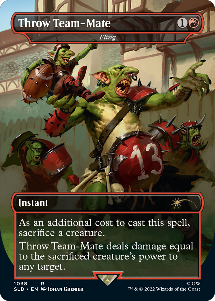 Image of Throw Team-Mate - Fling (Borderless) (SLD-1038) - Secret Lair Drop / Throw Team-Mate (Borderless) Foil