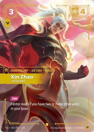 Image of Xin Zhao, Vigilant (T1 Worlds Champion Player Bundle) (T1A 002/005) - Riftbound Promotional Cards Foil