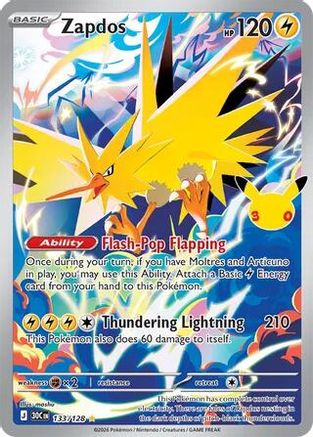 Image of Zapdos 133/128  - Holofoil ME 30th Celebration - Illustration Rare