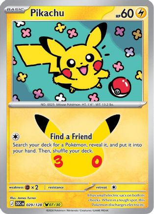 Image of Pikachu 029/128  - Holofoil ME 30th Celebration - Pikachu Rare