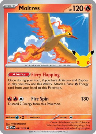 Image of Moltres 011/128  - Holofoil ME 30th Celebration - Common