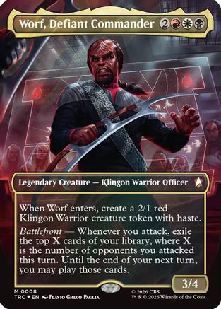 Image of Worf, Defiant Commander (Borderless) (Surge Foil) (TRC-008) - Commander: Star Trek Foil