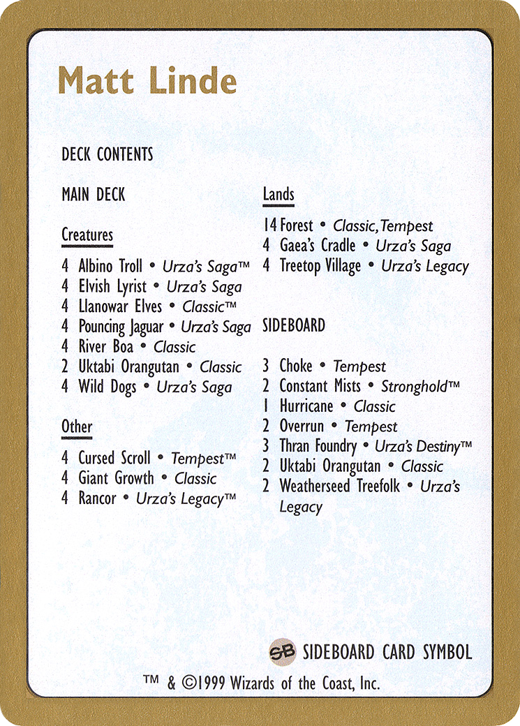 Image of 1999 Matt Linde Decklist Card (WCD-) - World Championship Decks 1999