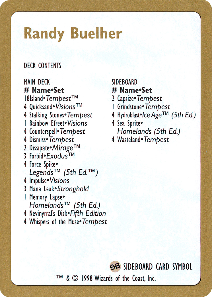 Image of 1998 Randy Buehler Decklist Card (WCD-) - World Championship Decks 1998