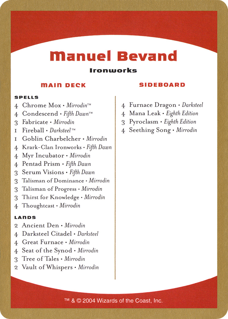 Image of Manuel Bevand Decklist (WCD-MB0B) - World Championship Decks 2004