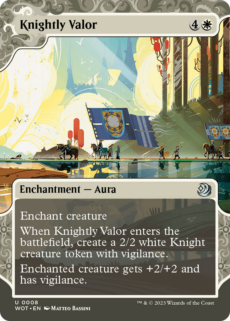 Image of Knightly Valor (WOT-008) - Wilds of Eldraine: Enchanting Tales: (Showcase) (Borderless) Foil