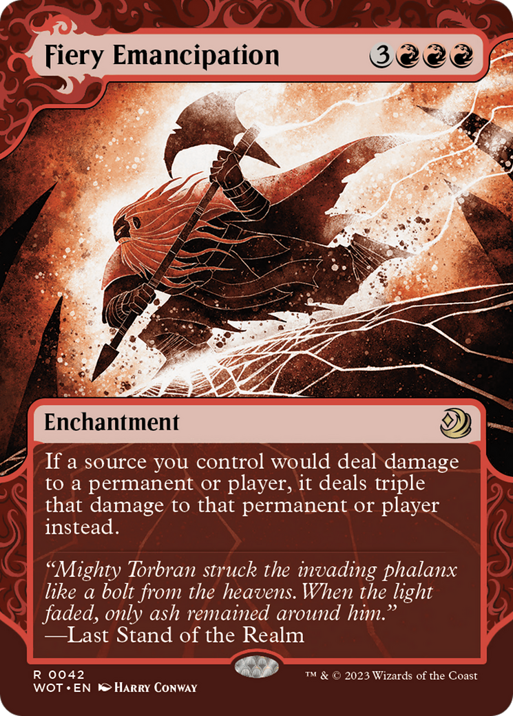 Image of Fiery Emancipation (WOT-042) - Wilds of Eldraine: Enchanting Tales: (Showcase) (Borderless) Foil
