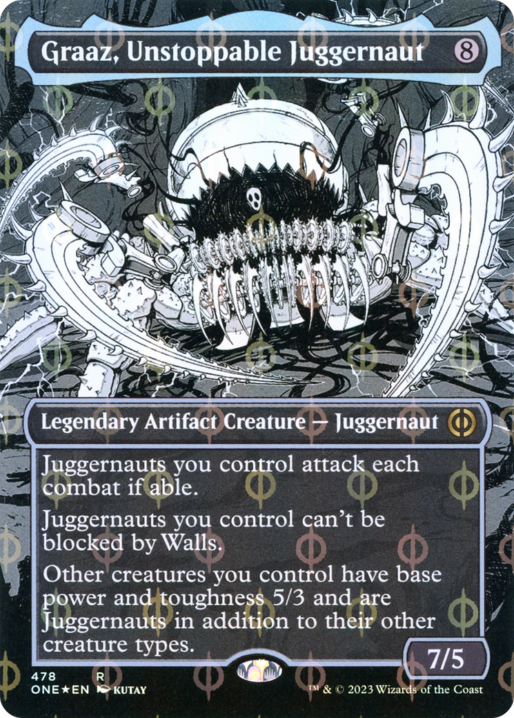 Image of Graaz, Unstoppable Juggernaut (Borderless) (Step-and-Compleat Foil) (ONE-478) - Phyrexia: All Will Be One: (Showcase) (Borderless) Foil