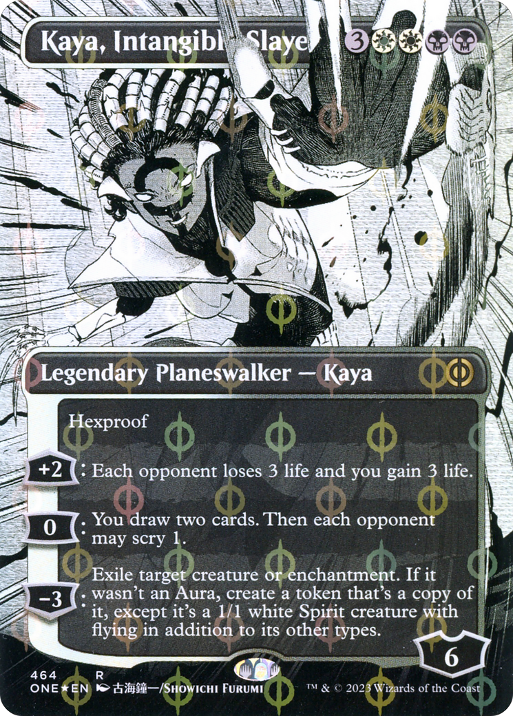 Image of Kaya, Intangible Slayer (Borderless) (Step-and-Compleat Foil) (ONE-464) - Phyrexia: All Will Be One: (Showcase) (Borderless) Foil