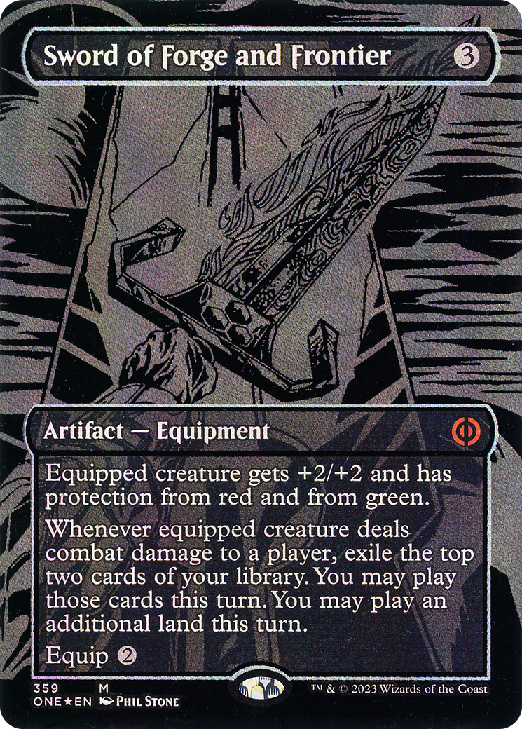 Image of Sword of Forge and Frontier (Oil Slick Raised Foil) (ONE-359) - Phyrexia: All Will Be One (Borderless) Foil