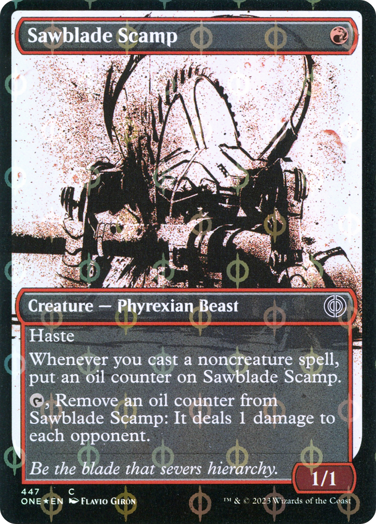 Image of Sawblade Scamp (Showcase) (Step-and-Compleat Foil) (ONE-447) - Phyrexia: All Will Be One: (Showcase) Foil