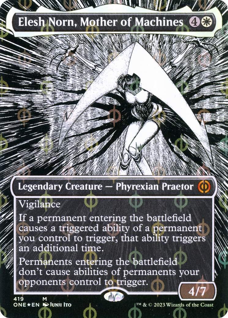 Image of Elesh Norn, Mother of Machines (Borderless) (Step-and-Compleat Foil) (ONE-419) - Phyrexia: All Will Be One: (Showcase) (Borderless) Foil