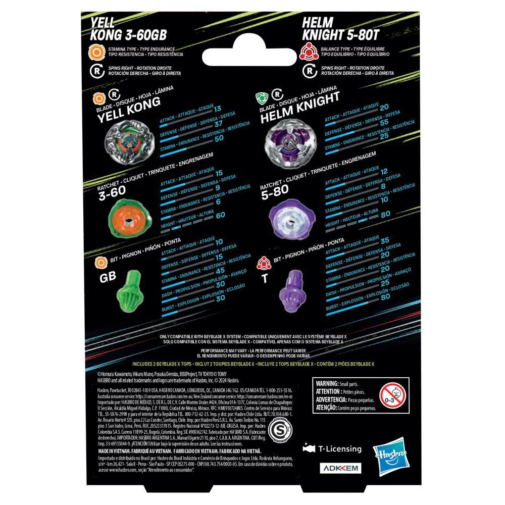 Image of Hasbro Beyblade X Yell Kong 3-60GB and Helm Knight 5-80T Top Dual Pack Set