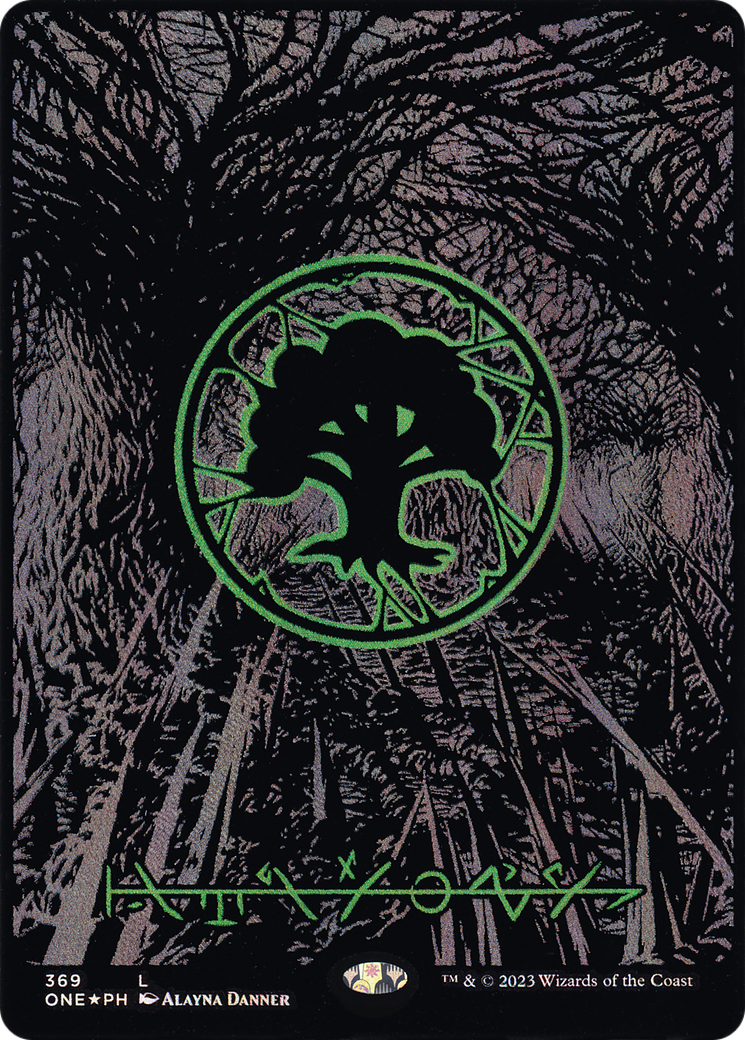 Image of Forest (Phyrexian) - Full Art (Oil Slick Raised Foil) (ONE-369) - Phyrexia: All Will Be One (Borderless) Foil